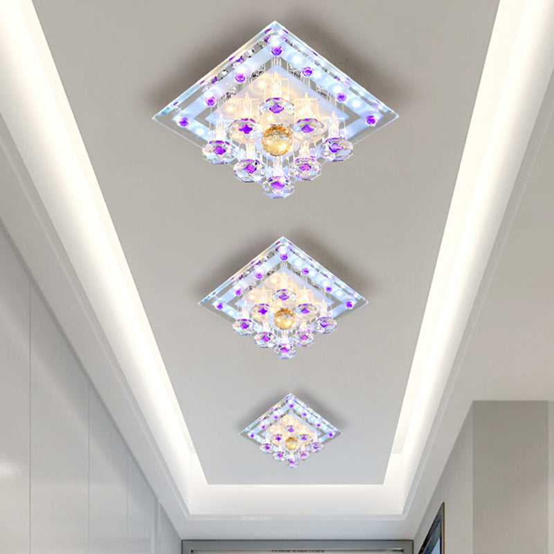 Square Crystal Ceiling Fixture Contemporary 7"/9.5" W LED Purple Flush Mount Light in Warm/White Light for Corridor Clearhalo 'Ceiling Lights' 'Close To Ceiling Lights' 'Close to ceiling' 'Flush mount' Lighting' 1771372