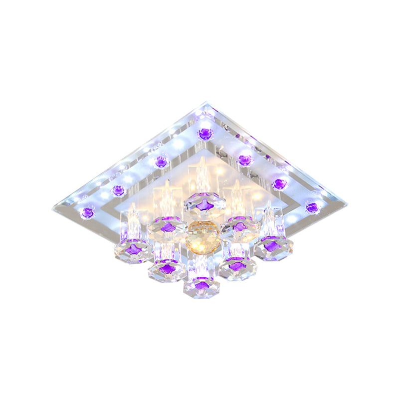 Square Crystal Ceiling Fixture Contemporary 7"/9.5" W LED Purple Flush Mount Light in Warm/White Light for Corridor Clearhalo 'Ceiling Lights' 'Close To Ceiling Lights' 'Close to ceiling' 'Flush mount' Lighting' 1771373