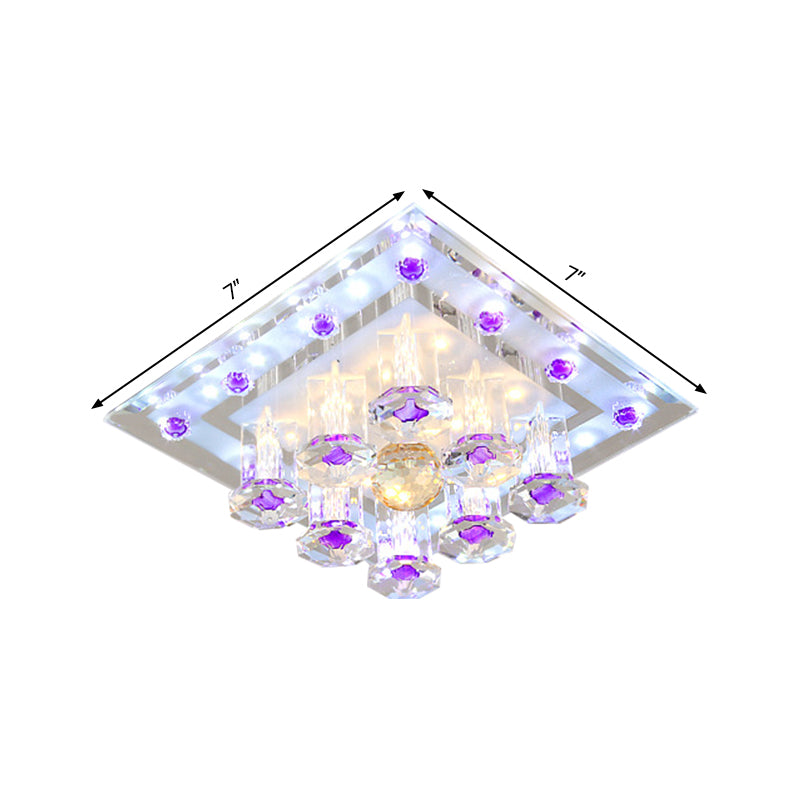 Square Crystal Ceiling Fixture Contemporary 7"/9.5" W LED Purple Flush Mount Light in Warm/White Light for Corridor Clearhalo 'Ceiling Lights' 'Close To Ceiling Lights' 'Close to ceiling' 'Flush mount' Lighting' 1771374