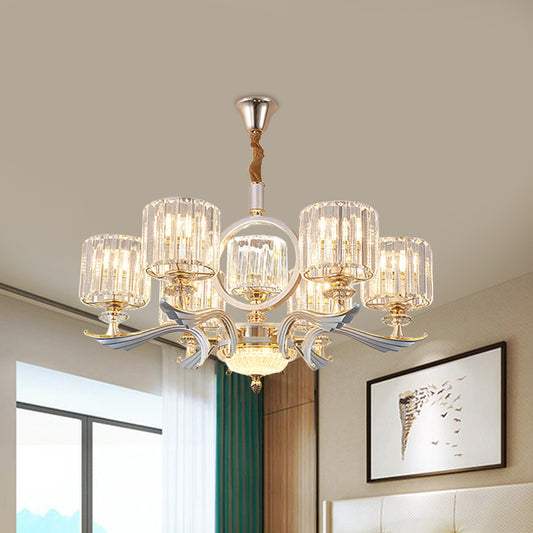 Drum Pendant Chandelier Minimalist Clear Crystal 6 Bulbs Gold Hanging Ceiling Light for Bedroom Gold Clearhalo 'Ceiling Lights' 'Chandeliers' 'Modern Chandeliers' 'Modern' Lighting' 1771384