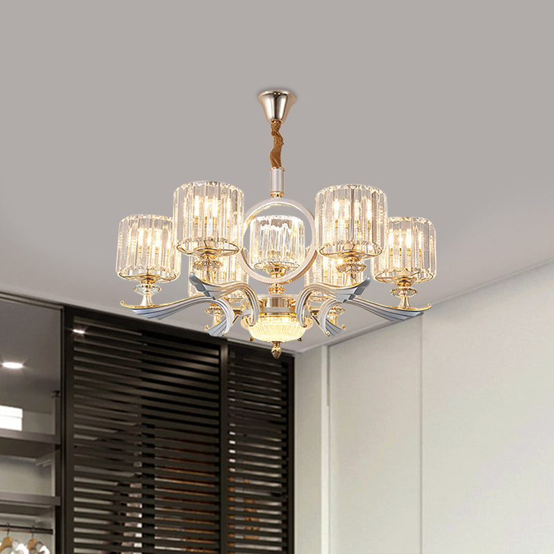 Drum Pendant Chandelier Minimalist Clear Crystal 6 Bulbs Gold Hanging Ceiling Light for Bedroom Clearhalo 'Ceiling Lights' 'Chandeliers' 'Modern Chandeliers' 'Modern' Lighting' 1771385