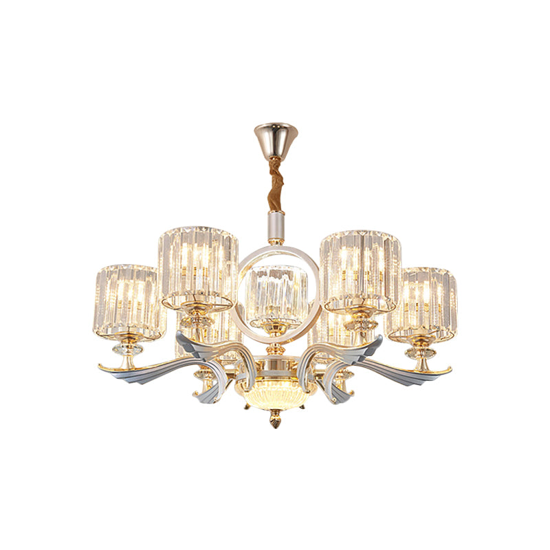 Drum Pendant Chandelier Minimalist Clear Crystal 6 Bulbs Gold Hanging Ceiling Light for Bedroom Clearhalo 'Ceiling Lights' 'Chandeliers' 'Modern Chandeliers' 'Modern' Lighting' 1771386