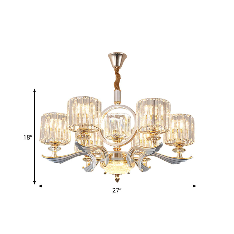 Drum Pendant Chandelier Minimalist Clear Crystal 6 Bulbs Gold Hanging Ceiling Light for Bedroom Clearhalo 'Ceiling Lights' 'Chandeliers' 'Modern Chandeliers' 'Modern' Lighting' 1771387