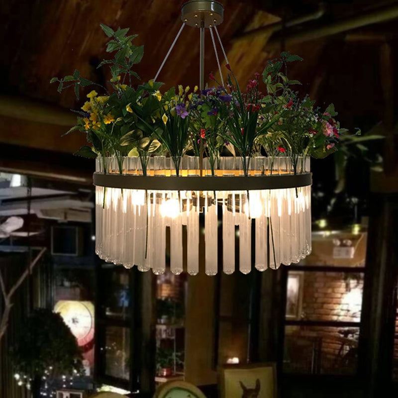 Retro Round Chandelier Lamp 6-Head Clear Glass Hanging Ceiling Light in Black with PVC Plant Deco Clearhalo 'Ceiling Lights' 'Chandeliers' Lighting' options 1771396