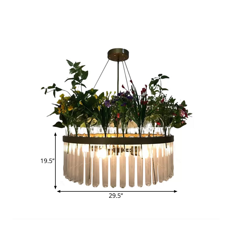 Retro Round Chandelier Lamp 6-Head Clear Glass Hanging Ceiling Light in Black with PVC Plant Deco Clearhalo 'Ceiling Lights' 'Chandeliers' Lighting' options 1771399