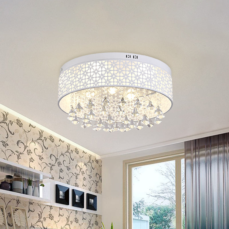 White Drum Flush Ceiling Light Modernity LED Metal Lighting Fixture with Crystal Droplet White Clearhalo 'Ceiling Lights' 'Close To Ceiling Lights' 'Close to ceiling' 'Flush mount' Lighting' 1771416