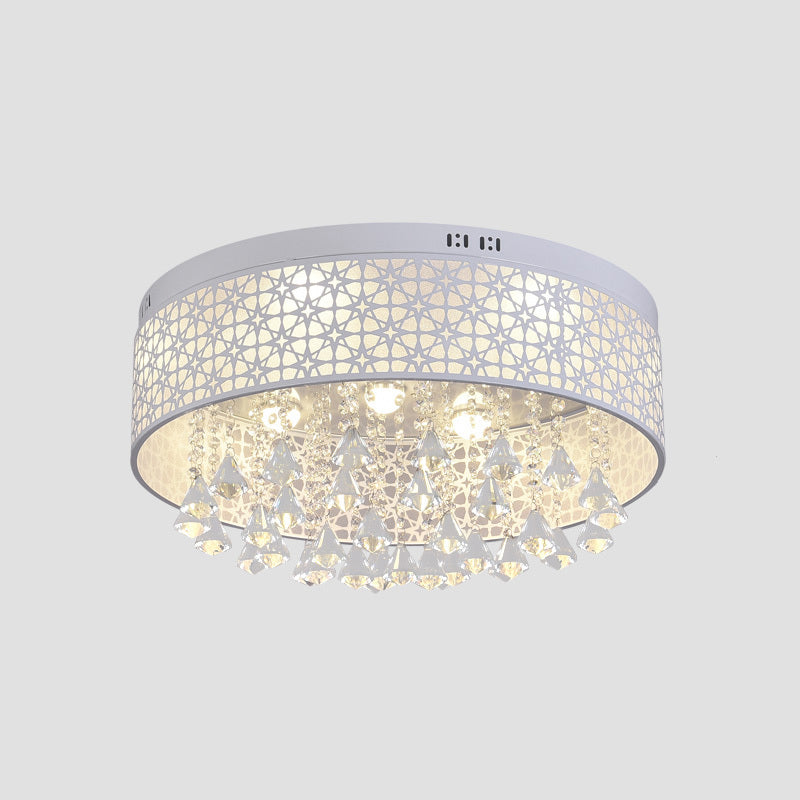 White Drum Flush Ceiling Light Modernity LED Metal Lighting Fixture with Crystal Droplet Clearhalo 'Ceiling Lights' 'Close To Ceiling Lights' 'Close to ceiling' 'Flush mount' Lighting' 1771418