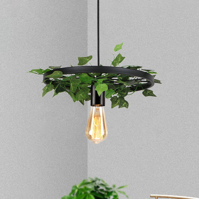 Metal Black Hanging Light Kit Wheel 1 Head Industrial Ceiling Pendant with Plant Deco Black Clearhalo 'Ceiling Lights' 'Pendant Lights' 'Pendants' Lighting' 1771428_809810cd-9cbb-4b0f-a492-cde7e136e7d4