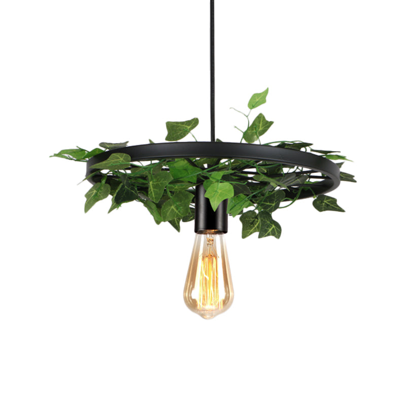 Metal Black Hanging Light Kit Wheel 1 Head Industrial Ceiling Pendant with Plant Deco Clearhalo 'Ceiling Lights' 'Pendant Lights' 'Pendants' Lighting' 1771430