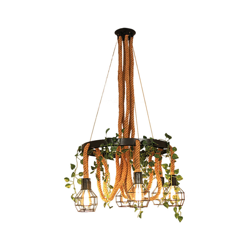 Black Ball Cage Pendant Chandelier Vintage Metal 6 Heads Dining Room Plant Ceiling Light with Rope Rod Clearhalo 'Ceiling Lights' 'Chandeliers' Lighting' options 1771481