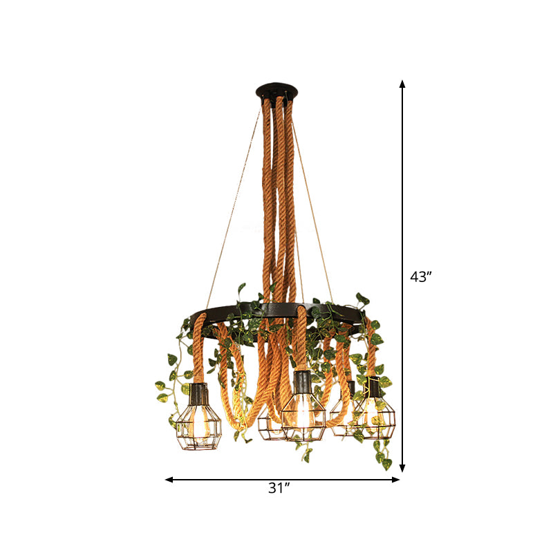 Black Ball Cage Pendant Chandelier Vintage Metal 6 Heads Dining Room Plant Ceiling Light with Rope Rod Clearhalo 'Ceiling Lights' 'Chandeliers' Lighting' options 1771482