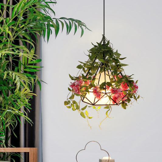 1-Light Suspension Pendant Warehouse Diamond Cage Metal Hanging Light Fixture in White/Red with Artificial Floral Deco Clearhalo 'Ceiling Lights' 'Pendant Lights' 'Pendants' Lighting' 1771493