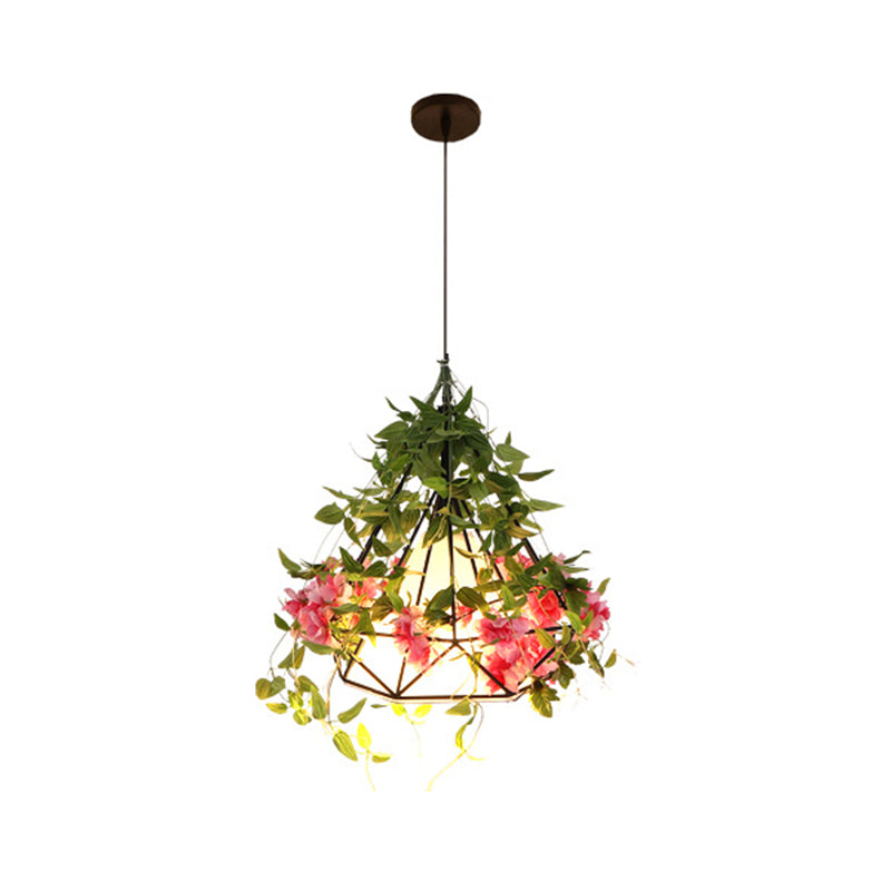 1-Light Suspension Pendant Warehouse Diamond Cage Metal Hanging Light Fixture in White/Red with Artificial Floral Deco Clearhalo 'Ceiling Lights' 'Pendant Lights' 'Pendants' Lighting' 1771494