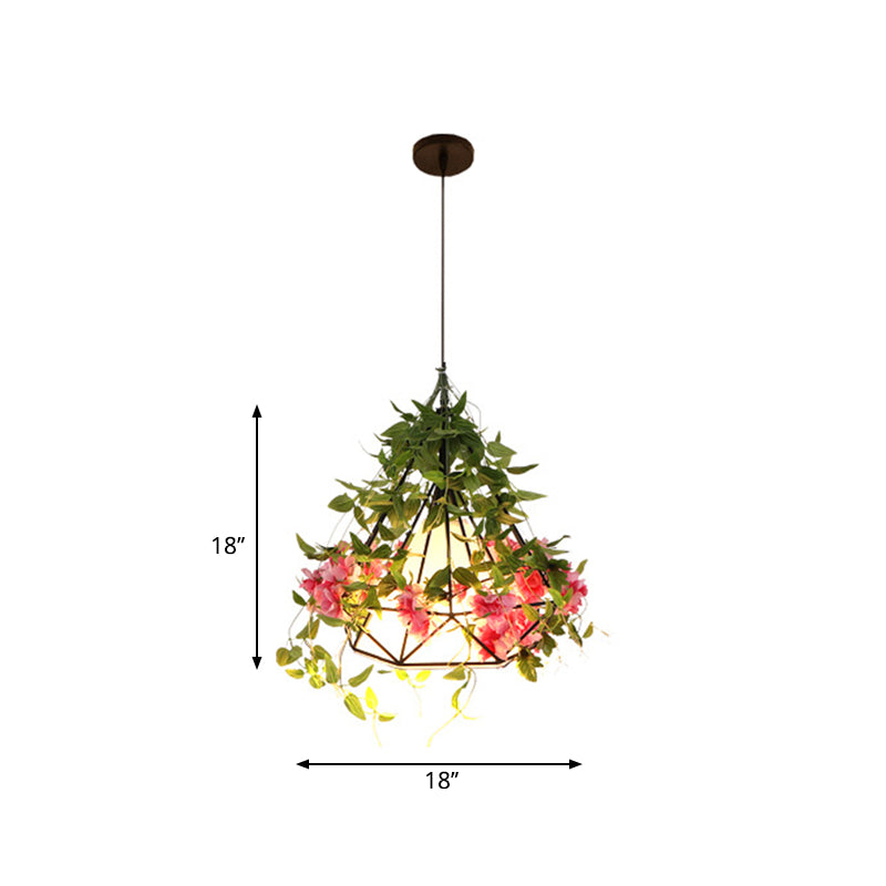 1-Light Suspension Pendant Warehouse Diamond Cage Metal Hanging Light Fixture in White/Red with Artificial Floral Deco Clearhalo 'Ceiling Lights' 'Pendant Lights' 'Pendants' Lighting' 1771496