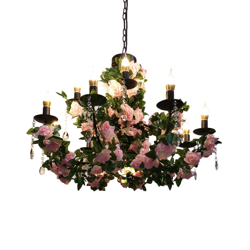 10-Bulb Ceiling Chandelier Antiqued Candelabra Metal Drop Pendant with Pink/Purple and Red Fake Flower Deco Clearhalo 'Ceiling Lights' 'Chandeliers' Lighting' options 1771527