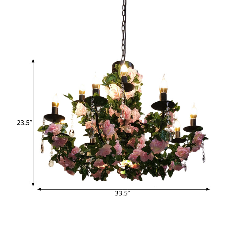 10-Bulb Ceiling Chandelier Antiqued Candelabra Metal Drop Pendant with Pink/Purple and Red Fake Flower Deco Clearhalo 'Ceiling Lights' 'Chandeliers' Lighting' options 1771528