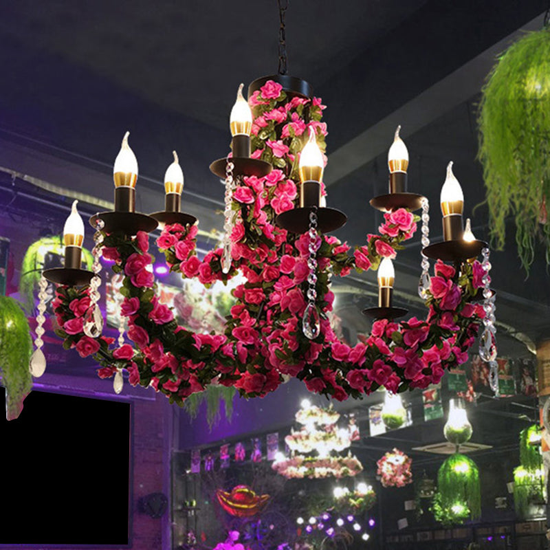 10-Bulb Ceiling Chandelier Antiqued Candelabra Metal Drop Pendant with Pink/Purple and Red Fake Flower Deco Clearhalo 'Ceiling Lights' 'Chandeliers' Lighting' options 1771529