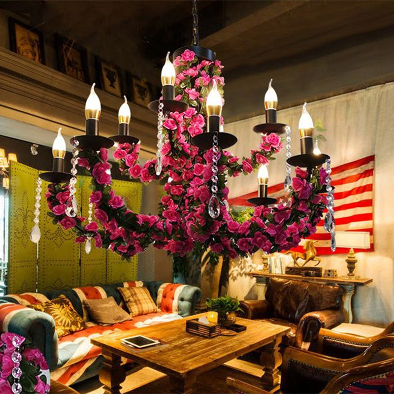 10-Bulb Ceiling Chandelier Antiqued Candelabra Metal Drop Pendant with Pink/Purple and Red Fake Flower Deco Clearhalo 'Ceiling Lights' 'Chandeliers' Lighting' options 1771531