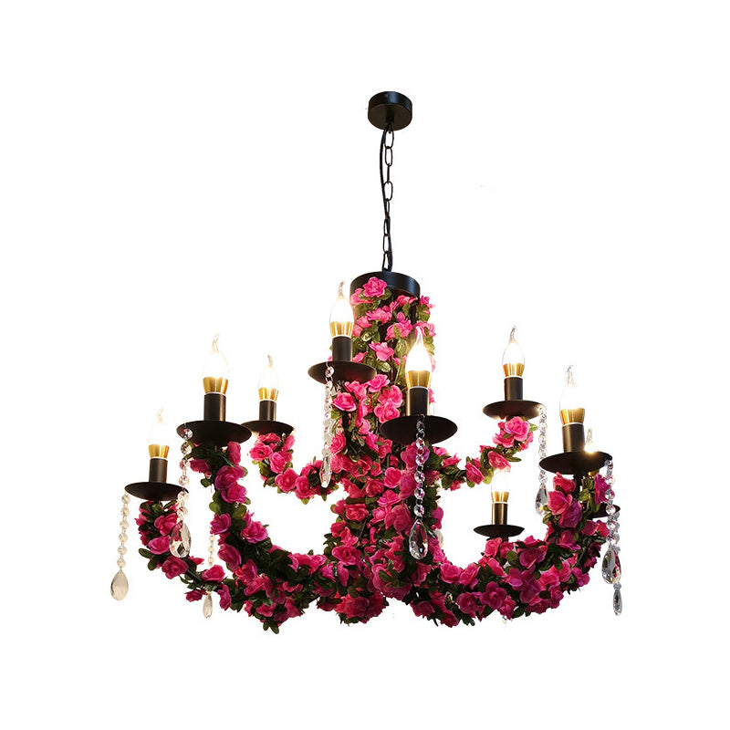 10-Bulb Ceiling Chandelier Antiqued Candelabra Metal Drop Pendant with Pink/Purple and Red Fake Flower Deco Clearhalo 'Ceiling Lights' 'Chandeliers' Lighting' options 1771532