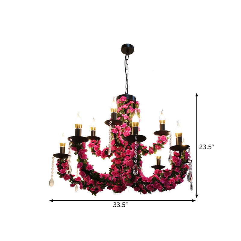 10-Bulb Ceiling Chandelier Antiqued Candelabra Metal Drop Pendant with Pink/Purple and Red Fake Flower Deco Clearhalo 'Ceiling Lights' 'Chandeliers' Lighting' options 1771533