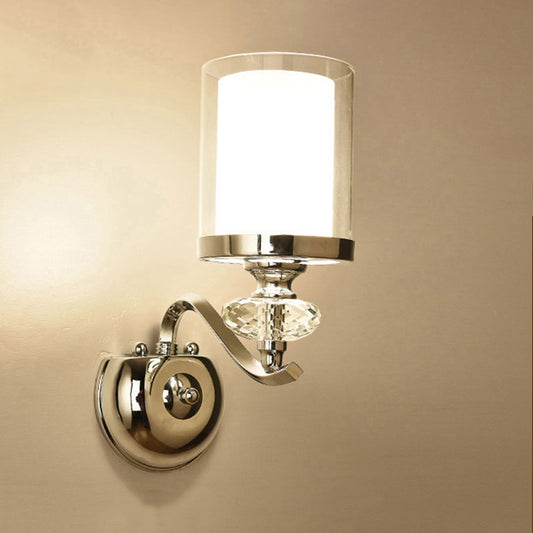 Simple Cylinder Wall Mount Light Dual Cylinder 1/2-Bulb Bathroom Wall Sconce Lighting in Chrome with Curvy Arm Clearhalo 'Modern wall lights' 'Modern' 'Wall Lamps & Sconces' 'Wall Lights' Lighting' 1771548