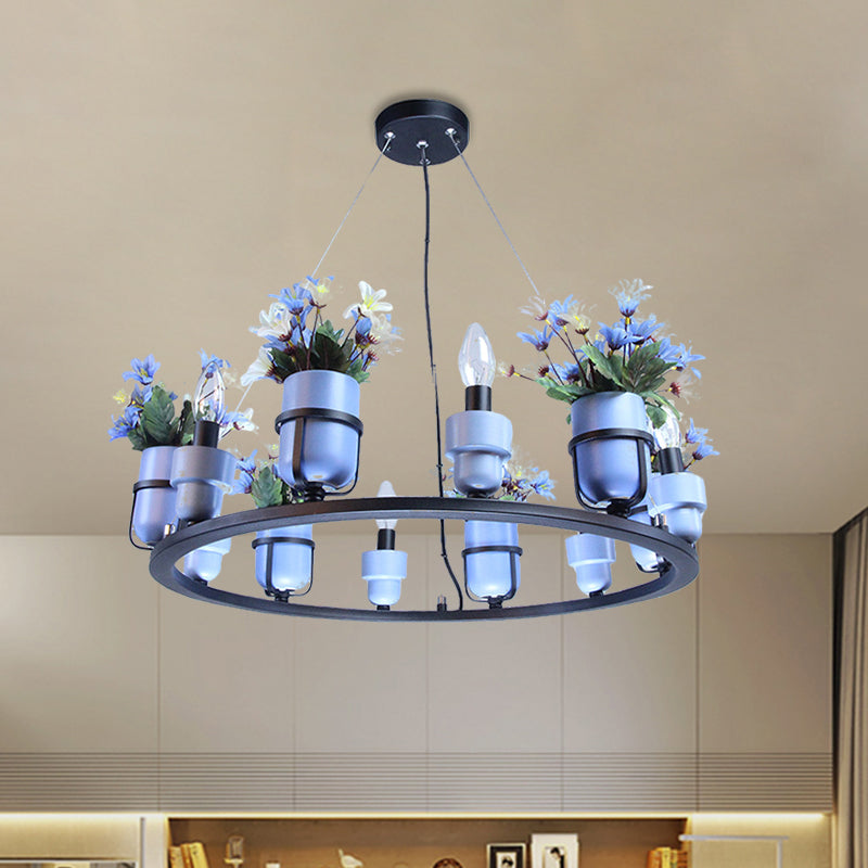 6 Bulbs Metal Chandelier Industrial Pink/Blue Circular Pendant Light Kit with Candle Design Clearhalo 'Ceiling Lights' 'Chandeliers' Lighting' options 1771579