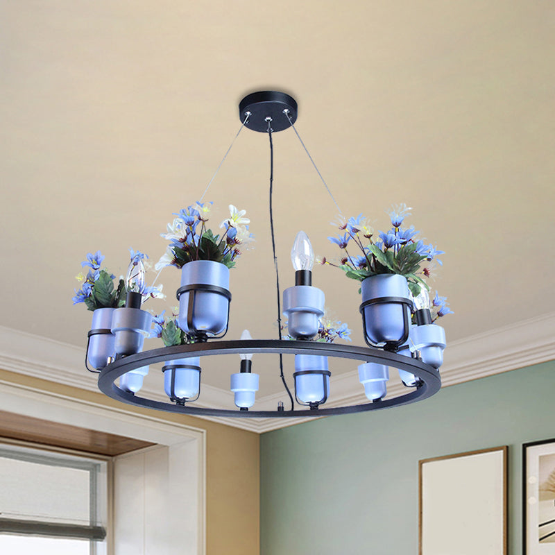 6 Bulbs Metal Chandelier Industrial Pink/Blue Circular Pendant Light Kit with Candle Design Clearhalo 'Ceiling Lights' 'Chandeliers' Lighting' options 1771580