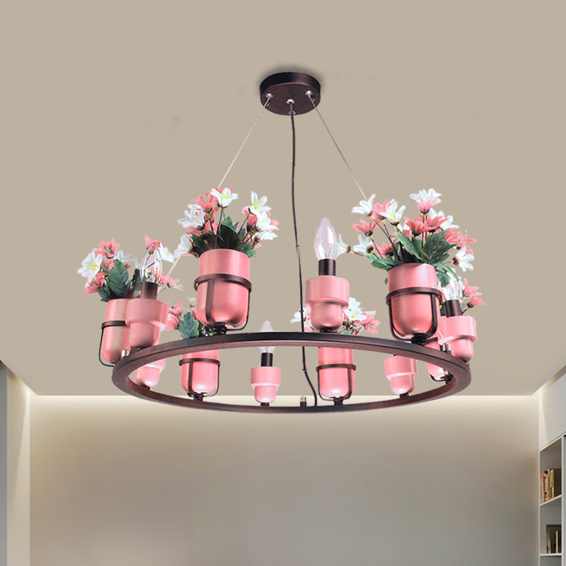 6 Bulbs Metal Chandelier Industrial Pink/Blue Circular Pendant Light Kit with Candle Design Clearhalo 'Ceiling Lights' 'Chandeliers' Lighting' options 1771583