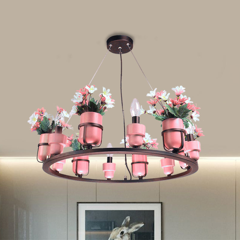 6 Bulbs Metal Chandelier Industrial Pink/Blue Circular Pendant Light Kit with Candle Design Clearhalo 'Ceiling Lights' 'Chandeliers' Lighting' options 1771584