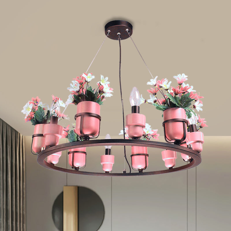 6 Bulbs Metal Chandelier Industrial Pink/Blue Circular Pendant Light Kit with Candle Design Clearhalo 'Ceiling Lights' 'Chandeliers' Lighting' options 1771585