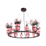 6 Bulbs Metal Chandelier Industrial Pink/Blue Circular Pendant Light Kit with Candle Design Clearhalo 'Ceiling Lights' 'Chandeliers' Lighting' options 1771586