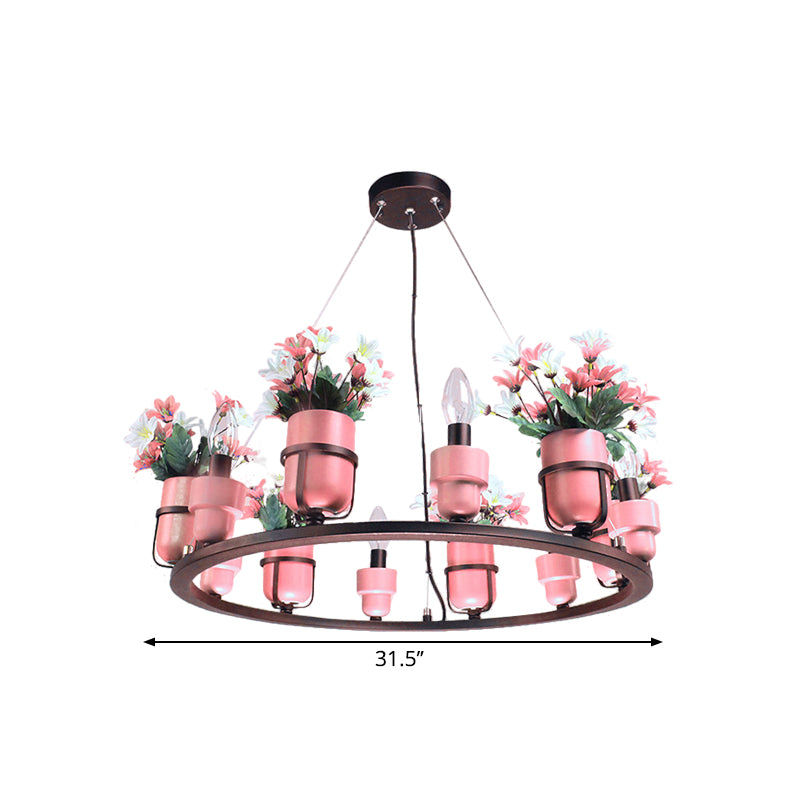 6 Bulbs Metal Chandelier Industrial Pink/Blue Circular Pendant Light Kit with Candle Design Clearhalo 'Ceiling Lights' 'Chandeliers' Lighting' options 1771587