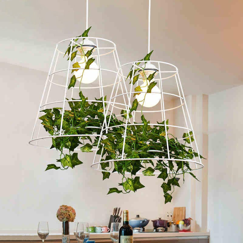 1 Head Metallic Pendant Lamp Farmhouse White Conic Cage Ceiling Hang Fixture with Artificial Plant Deco Clearhalo 'Ceiling Lights' 'Pendant Lights' 'Pendants' Lighting' 1771597