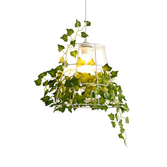 1 Head Metallic Pendant Lamp Farmhouse White Conic Cage Ceiling Hang Fixture with Artificial Plant Deco Clearhalo 'Ceiling Lights' 'Pendant Lights' 'Pendants' Lighting' 1771598