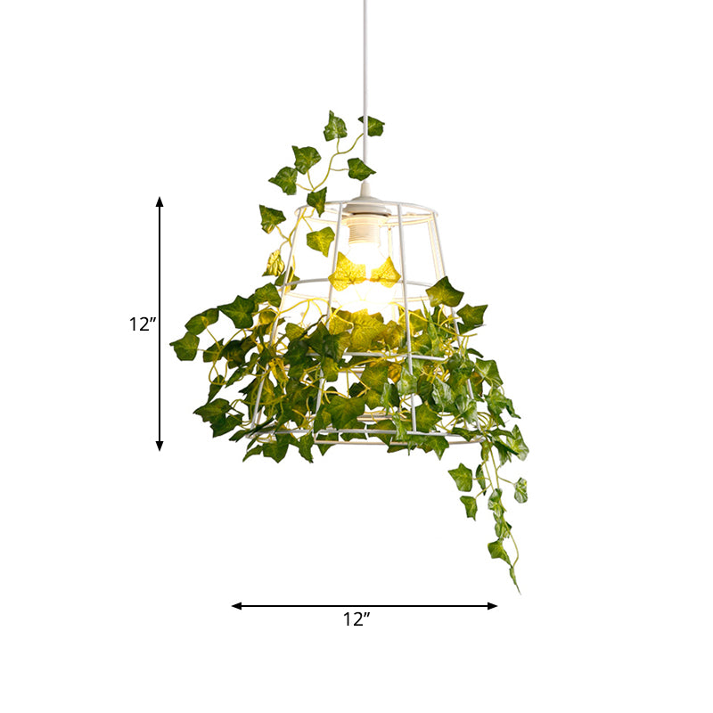 1 Head Metallic Pendant Lamp Farmhouse White Conic Cage Ceiling Hang Fixture with Artificial Plant Deco Clearhalo 'Ceiling Lights' 'Pendant Lights' 'Pendants' Lighting' 1771599