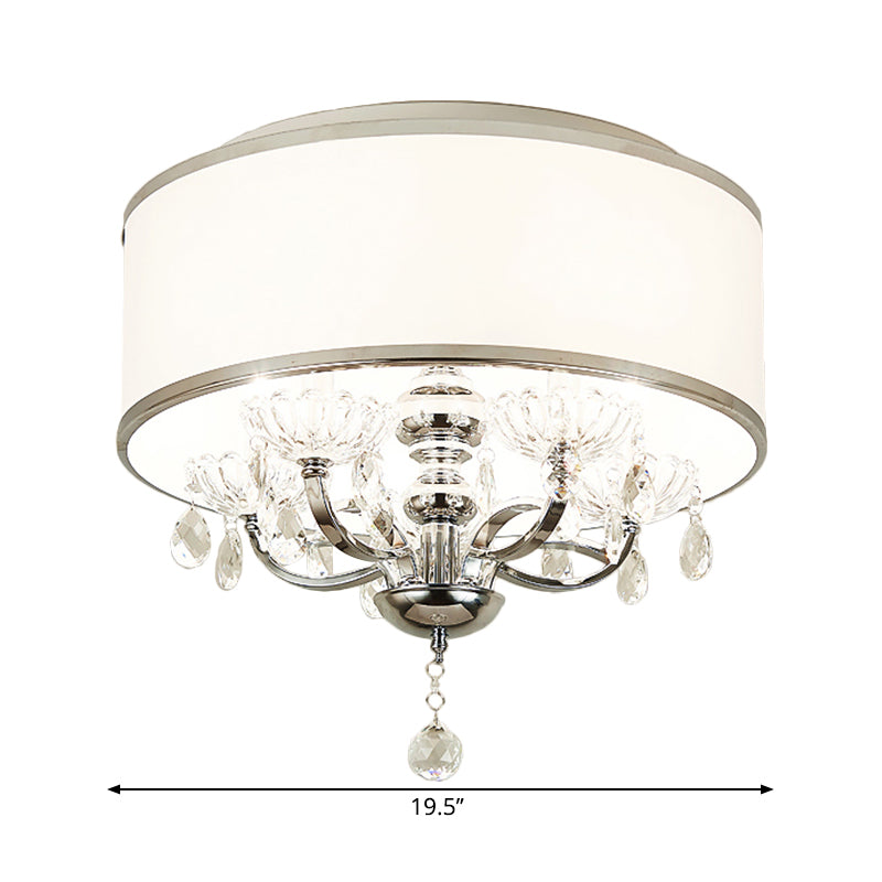 Candle Ceiling Lighting Modernist Metal 5 Heads Living Room Crystal Flushmount in Chrome with Drum Shade Clearhalo 'Ceiling Lights' 'Close To Ceiling Lights' 'Close to ceiling' 'Flush mount' Lighting' 1771603