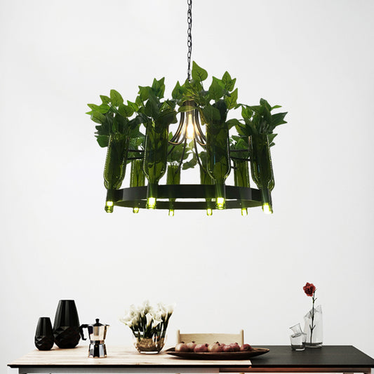 Clear Glass Black Hanging Chandelier Bottle Shaped 10-Light Vintage Ring Suspension Light with PVC Plant Deco Clearhalo 'Ceiling Lights' 'Chandeliers' Lighting' options 1771609