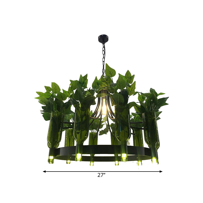 Clear Glass Black Hanging Chandelier Bottle Shaped 10-Light Vintage Ring Suspension Light with PVC Plant Deco Clearhalo 'Ceiling Lights' 'Chandeliers' Lighting' options 1771611