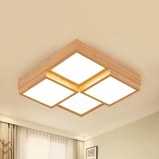 Natural Wood Square Flush Light Modern 4/6/9-Light Wooden LED Ceiling Lamp in Warm/White/Natural Light Clearhalo 'Ceiling Lights' 'Close To Ceiling Lights' 'Close to ceiling' 'Flush mount' Lighting' 1771872