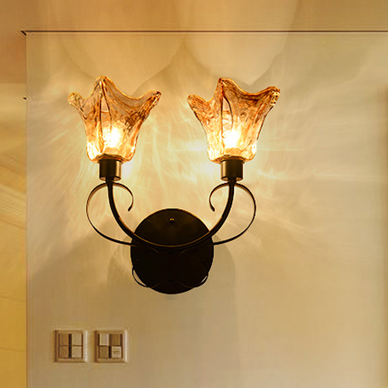 Amber Glass Black Sconce Light Floral 2 Bulbs Traditional Wall Lighting with Metal Curved Arm Clearhalo 'Wall Lamps & Sconces' 'Wall Lights' Lighting' 1771886