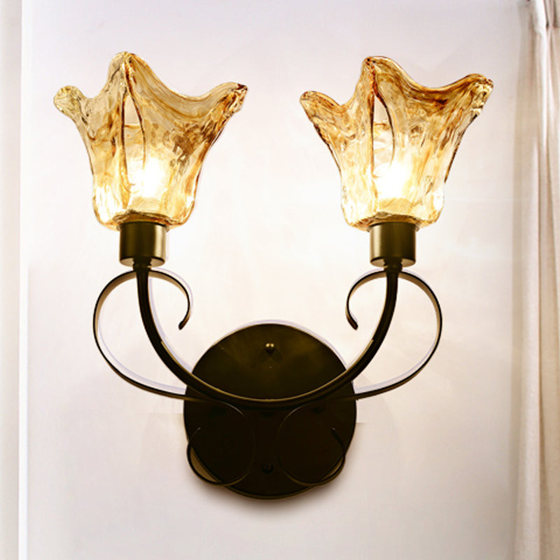 Amber Glass Black Sconce Light Floral 2 Bulbs Traditional Wall Lighting with Metal Curved Arm Black Clearhalo 'Wall Lamps & Sconces' 'Wall Lights' Lighting' 1771887