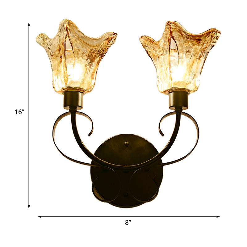 Amber Glass Black Sconce Light Floral 2 Bulbs Traditional Wall Lighting with Metal Curved Arm Clearhalo 'Wall Lamps & Sconces' 'Wall Lights' Lighting' 1771890