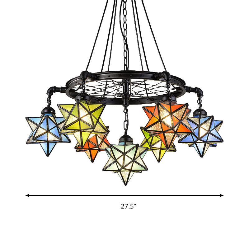 Tiffany Rustic Star Chandelier with Black Wheel 7 Lights Stained Glass Drop Ceiling Light for Library Clearhalo 'Ceiling Lights' 'Chandeliers' 'Industrial' 'Middle Century Chandeliers' 'Tiffany Chandeliers' 'Tiffany close to ceiling' 'Tiffany' Lighting' 177223