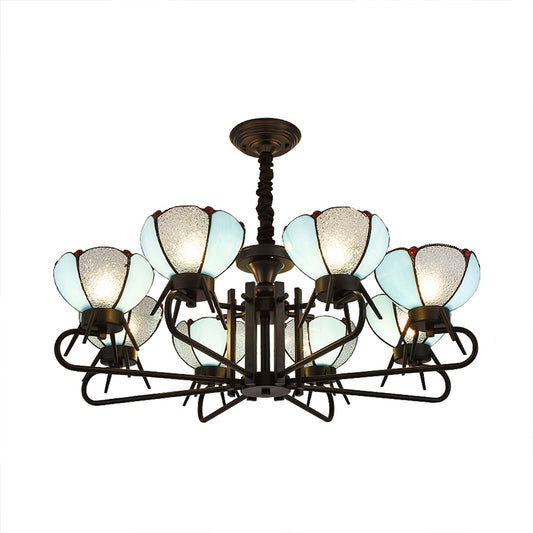 6/8 Lights Bowl Pendant Lighting with Adjustable Chain Tiffany Chandelier Lamp in Blue for Foyer Clearhalo 'Ceiling Lights' 'Chandeliers' 'Industrial' 'Middle Century Chandeliers' 'Tiffany Chandeliers' 'Tiffany close to ceiling' 'Tiffany' Lighting' 177259