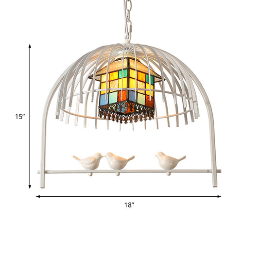 White Bird Cage Pendant Lighting Tiffany Style 1 Light Stainless Glass Ceiling Lamp with Inner House Shade Clearhalo 'Ceiling Lights' 'Close To Ceiling Lights' 'Industrial' 'Middle Century Pendants' 'Pendant Lights' 'Pendants' 'Tiffany close to ceiling' 'Tiffany Pendants' 'Tiffany' Lighting' 177288