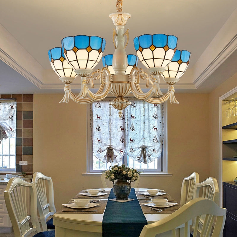 5 Lights Bowl Chandelier Light in Blue Mediterranean Glass Pendant Light for Hall Blue Clearhalo 'Ceiling Lights' 'Chandeliers' 'Industrial' 'Middle Century Chandeliers' 'Tiffany Chandeliers' 'Tiffany close to ceiling' 'Tiffany' Lighting' 177371