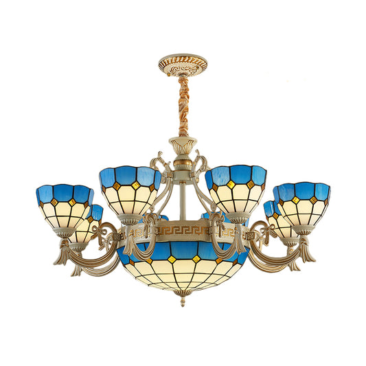 Mediterranean Domed Chandelier Lighting 6/8 Lights Stained Glass Ceiling Lamp Blue for Bedroom Clearhalo 'Ceiling Lights' 'Chandeliers' 'Industrial' 'Middle Century Chandeliers' 'Tiffany Chandeliers' 'Tiffany close to ceiling' 'Tiffany' Lighting' 177382