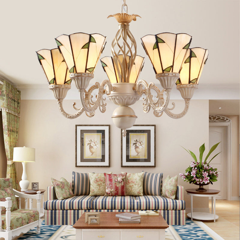 Green Leaf Chandelier Light with Beige Glass 5 Lights Rustic Hanging Ceiling Light for Hall Beige Clearhalo 'Ceiling Lights' 'Chandeliers' 'Industrial' 'Middle Century Chandeliers' 'Tiffany Chandeliers' 'Tiffany close to ceiling' 'Tiffany' Lighting' 177405