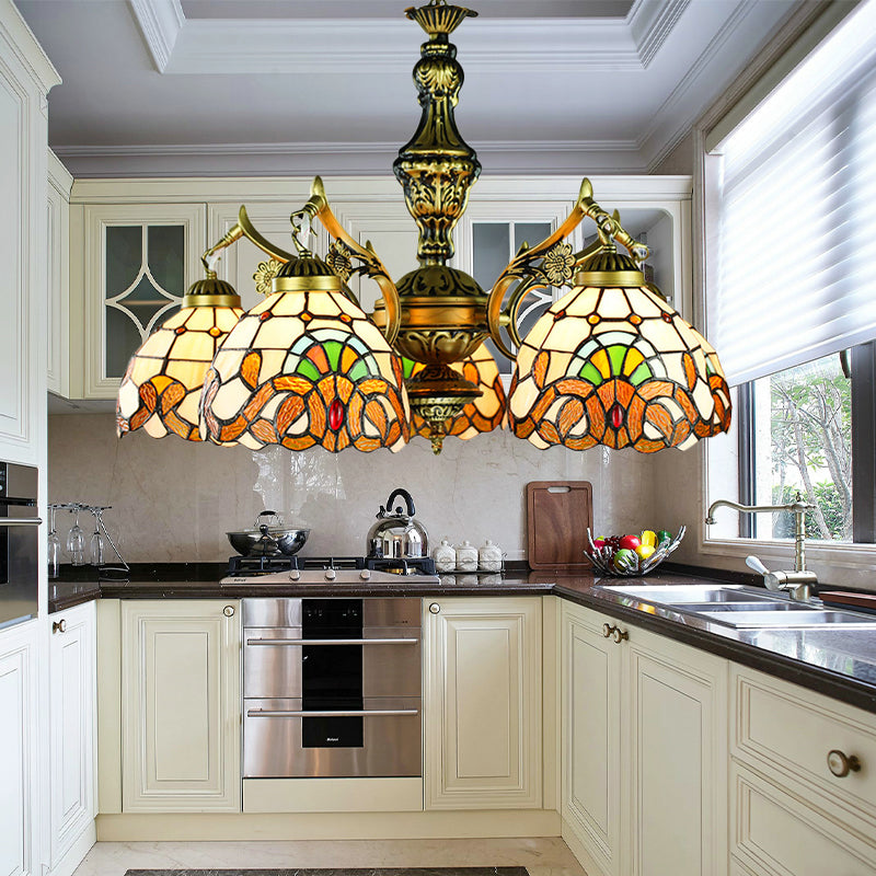 Victorian Dome Chandelier Lighting Stained Glass 5 Lights Indoor Lighting for Dining Table Yellow Clearhalo 'Ceiling Lights' 'Chandeliers' 'Industrial' 'Middle Century Chandeliers' 'Tiffany Chandeliers' 'Tiffany close to ceiling' 'Tiffany' Lighting' 177413