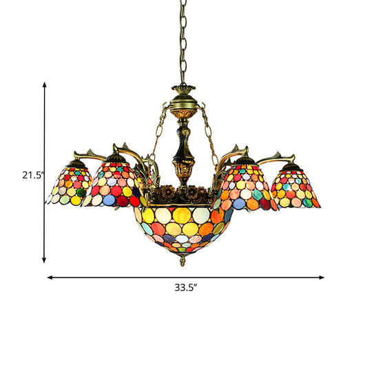 Tiffany Flared Chandelier 11-Light Stained Glass Hanging Ceiling Light in Antique Bronze with Geometric/Dragonfly/Sunflower Pattern Clearhalo 'Ceiling Lights' 'Chandeliers' 'Industrial' 'Middle Century Chandeliers' 'Tiffany Chandeliers' 'Tiffany close to ceiling' 'Tiffany' Lighting' 177480